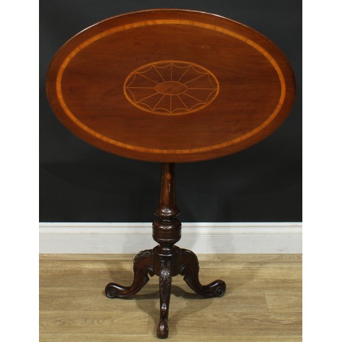 938 - A 19th century mahogany tripod occasional table, oval satinwood banded top inlaid with batwing trace... 