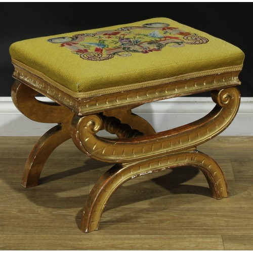 1012 - A Baroque Revival giltwood stool, stuffed-over tapestry seat brightly worked with parrots pecking fr... 