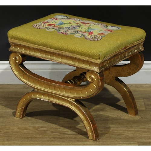 1012 - A Baroque Revival giltwood stool, stuffed-over tapestry seat brightly worked with parrots pecking fr... 