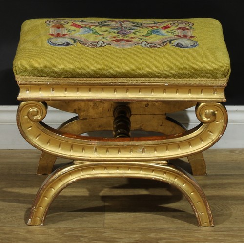 1012 - A Baroque Revival giltwood stool, stuffed-over tapestry seat brightly worked with parrots pecking fr... 