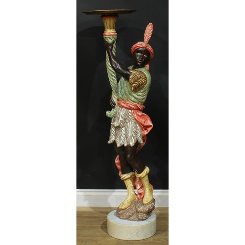 1453 - A Venetian style carved and polychrome painted softwood blackamoor torchère, marble base, 133.5cm hi... 