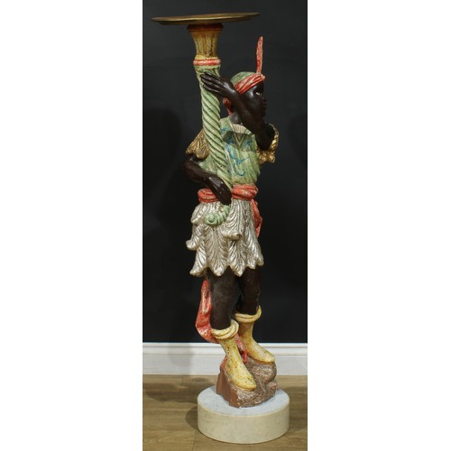 1453 - A Venetian style carved and polychrome painted softwood blackamoor torchère, marble base, 133.5cm hi... 