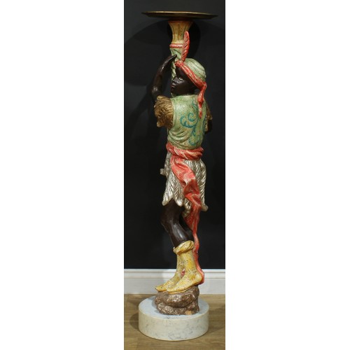 1453 - A Venetian style carved and polychrome painted softwood blackamoor torchère, marble base, 133.5cm hi... 