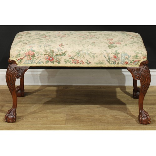 1096 - A George II Revival mahogany mahogany stool, of wide proportions, stuffed-over tapestry seat, cabrio... 