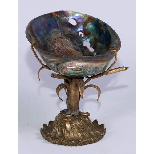 879 - A 19th century gilt metal and abalone shell tazza, the domed base modelled with water reeds, 11cm hi... 