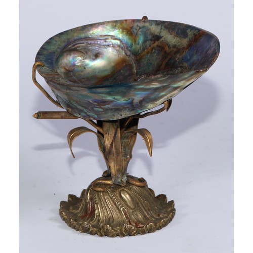 879 - A 19th century gilt metal and abalone shell tazza, the domed base modelled with water reeds, 11cm hi... 