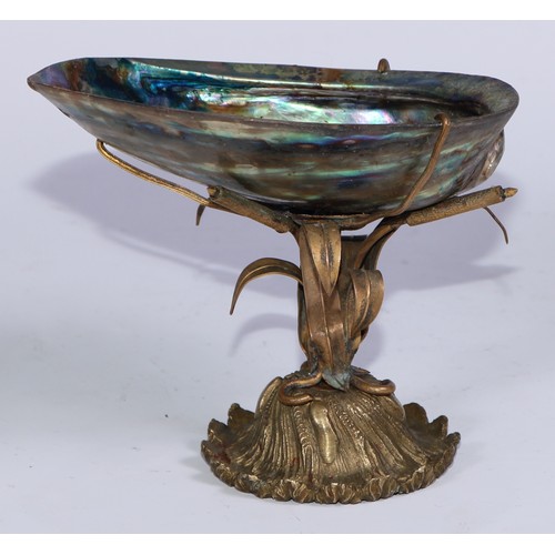 879 - A 19th century gilt metal and abalone shell tazza, the domed base modelled with water reeds, 11cm hi... 