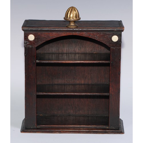 1464 - Miniature Furniture- a George III vernacular oak glass case or open cupboard, fluted finial above an... 