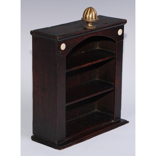 1464 - Miniature Furniture- a George III vernacular oak glass case or open cupboard, fluted finial above an... 