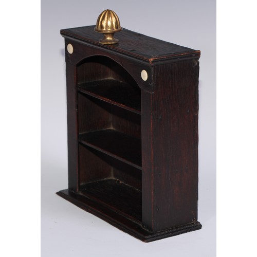 1464 - Miniature Furniture- a George III vernacular oak glass case or open cupboard, fluted finial above an... 