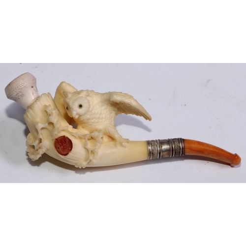 1263 - A late 19th century meerschaum pipe, carved as an owl perched on branch, an amber owlet peering out ... 