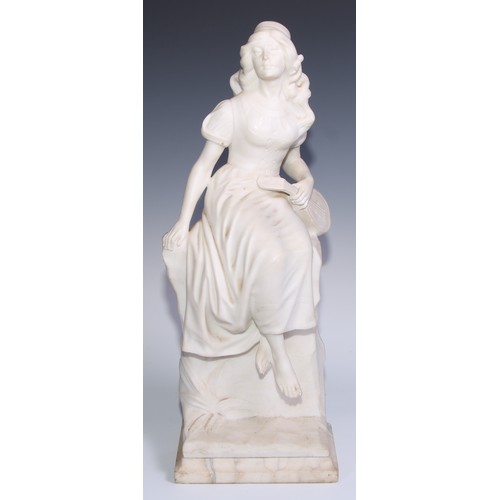 1216 - Italian School (19th century), a Carrara marble, The Musician, a young lady sits, wearing a bodice a... 