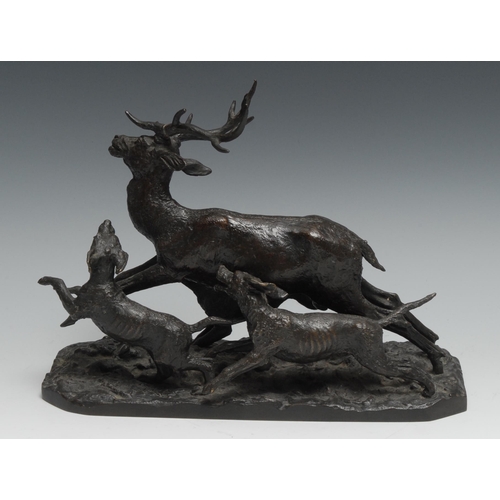 916 - Christopher Fratin (1801 - 1864), after, a brown patinated bronze, deer and hunting dogs, canted rec... 