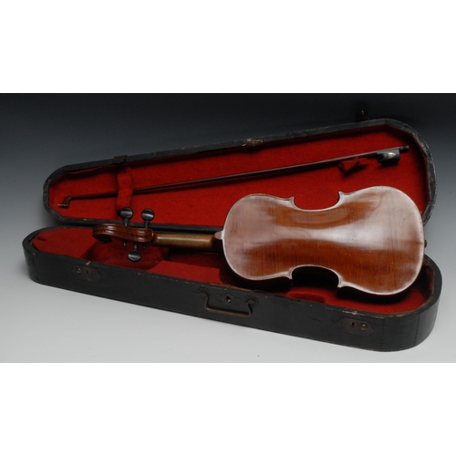 841 - A violin, the one-piece back 33.5cm long excluding button, ebony tuning pegs, 57cm long overall, the... 