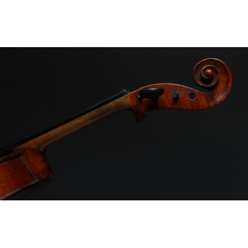 841 - A violin, the one-piece back 33.5cm long excluding button, ebony tuning pegs, 57cm long overall, the... 