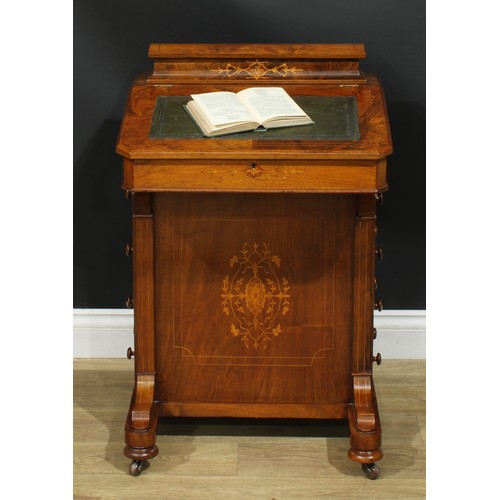 1342 - A late Victorian walnut and marquetry Davenport desk, hinged rectangular superstructure, sloping wri... 