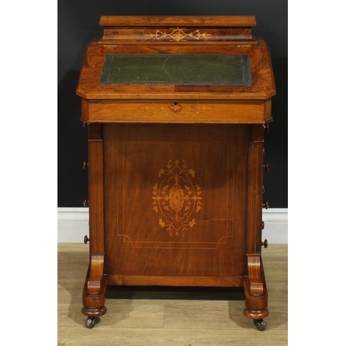 1342 - A late Victorian walnut and marquetry Davenport desk, hinged rectangular superstructure, sloping wri... 