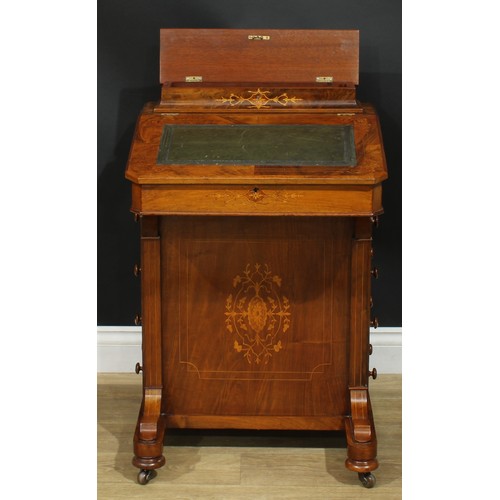 1342 - A late Victorian walnut and marquetry Davenport desk, hinged rectangular superstructure, sloping wri... 