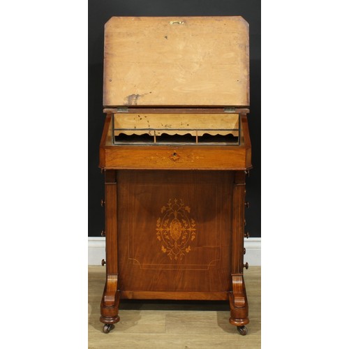 1342 - A late Victorian walnut and marquetry Davenport desk, hinged rectangular superstructure, sloping wri... 