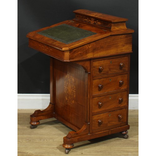 1342 - A late Victorian walnut and marquetry Davenport desk, hinged rectangular superstructure, sloping wri... 