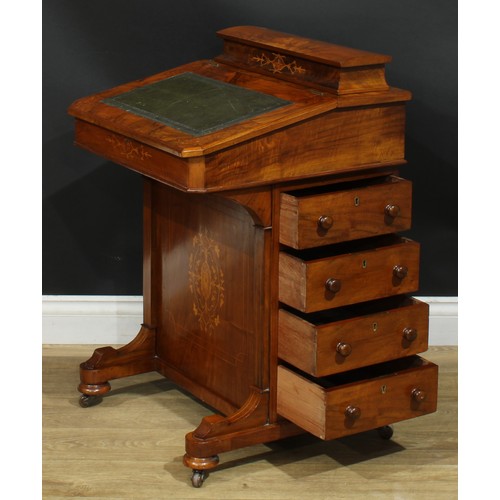 1342 - A late Victorian walnut and marquetry Davenport desk, hinged rectangular superstructure, sloping wri... 