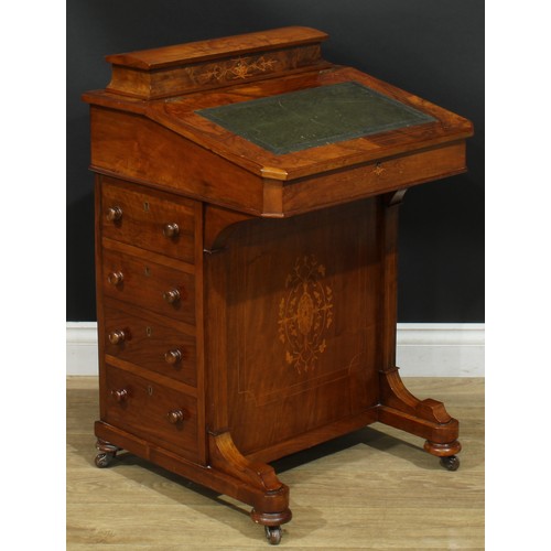 1342 - A late Victorian walnut and marquetry Davenport desk, hinged rectangular superstructure, sloping wri... 