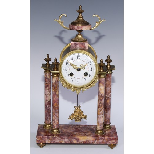 984 - A French gilt metal mounted breche violette portico clock garniture, 9cm circular dial inscribed wit... 