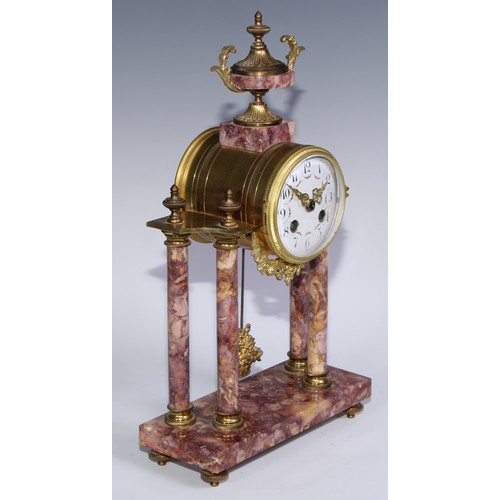 984 - A French gilt metal mounted breche violette portico clock garniture, 9cm circular dial inscribed wit... 