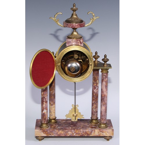 984 - A French gilt metal mounted breche violette portico clock garniture, 9cm circular dial inscribed wit... 