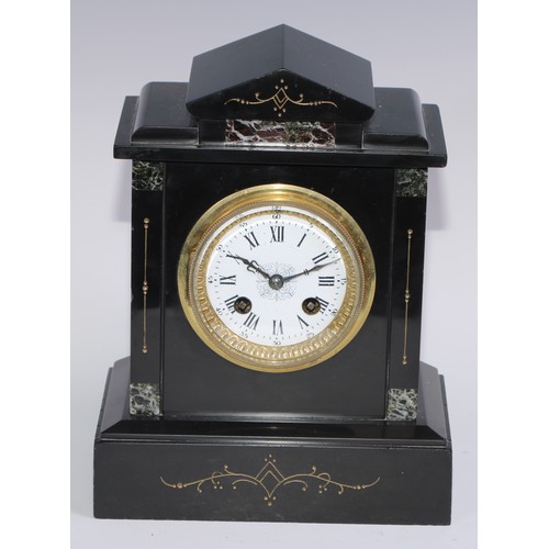 966 - A 19th century French black slate drum head mantel timepiece, 9cm circular clock dial inscribed with... 