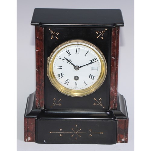 965 - A 19th century French black slate and rouge marble mantel timepiece, 9cm enamel clock dial inscribed... 