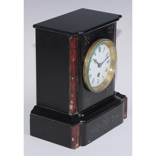 965 - A 19th century French black slate and rouge marble mantel timepiece, 9cm enamel clock dial inscribed... 