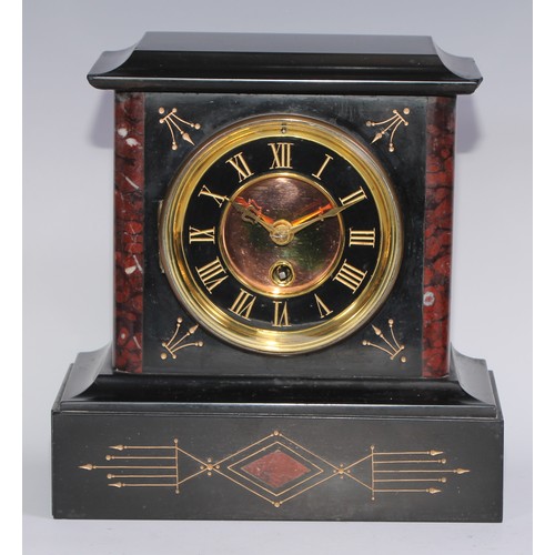 965 - A 19th century French black slate and rouge marble mantel timepiece, 9cm enamel clock dial inscribed... 