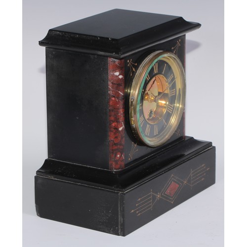 965 - A 19th century French black slate and rouge marble mantel timepiece, 9cm enamel clock dial inscribed... 