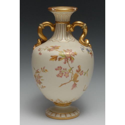 431 - A Royal Worcester two handled pedestal ovoid vase, printed and painted with pink blossom and foliage... 