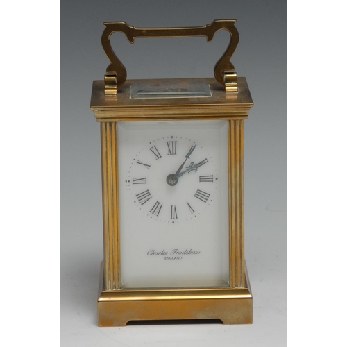 988 - A lacquered brass carriage timepiece, 5.5cm rectangular enamel clock dial inscribed Charles Frodsham... 