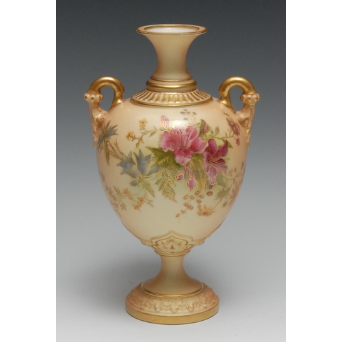 396 - A Royal Worcester two-handled ovoid pedestal vase, printed and painted with flowers on blush ivory g... 