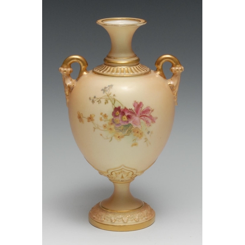 396 - A Royal Worcester two-handled ovoid pedestal vase, printed and painted with flowers on blush ivory g... 