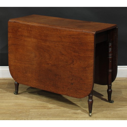 1431 - A Regency mahogany gateleg table, rounded rectangular top with channelled edge and fall leaves, ring... 