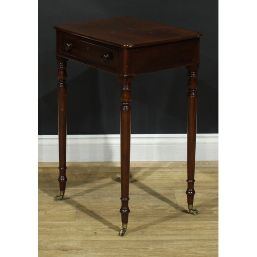 1439 - A Regency mahogany work table, rounded rectangular top above a long cockbeaded frieze drawer, ring-t... 