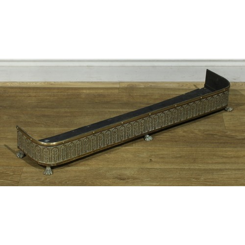 1039 - A 19th century brass fire curb or fender, 13cm high, 99.5cm wide, 21.5cm deep; fireplace bellows; a ... 