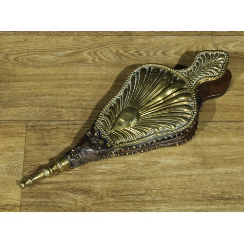 1039 - A 19th century brass fire curb or fender, 13cm high, 99.5cm wide, 21.5cm deep; fireplace bellows; a ... 