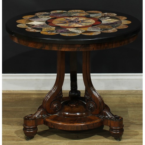 1413 - A Post-Regency Derbyshire Ashford marble mounted rosewood centre table, circular top inlaid in Blue ... 