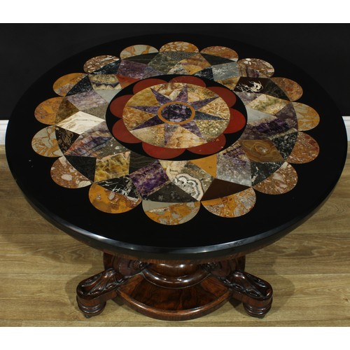 1413 - A Post-Regency Derbyshire Ashford marble mounted rosewood centre table, circular top inlaid in Blue ... 