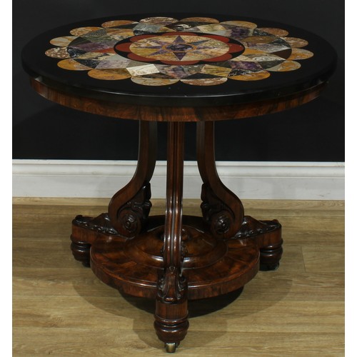 1413 - A Post-Regency Derbyshire Ashford marble mounted rosewood centre table, circular top inlaid in Blue ... 