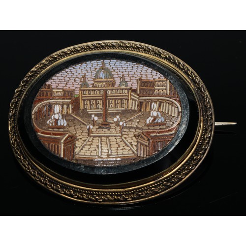 350 - A late 19th century oval micro mosaic brooch, the tessera inlaid forming an image of the Vatican, bl... 