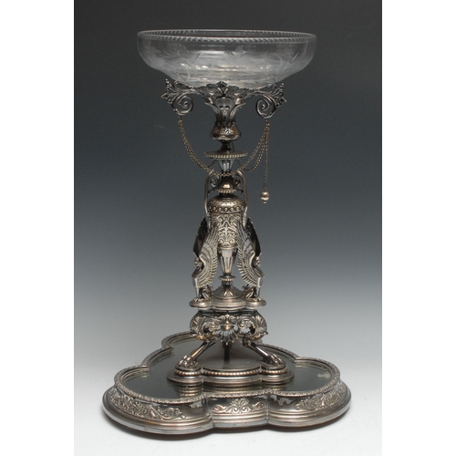 37 - A Victorian Etruscan Revival E.P.N.S table centrepiece epergne stand, cast with winged figures and C... 