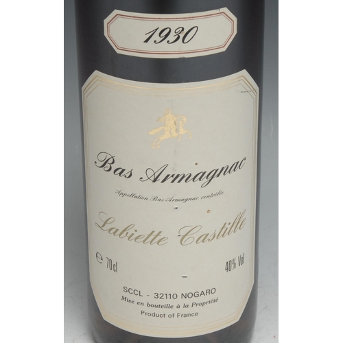 849 - Brandy, Bas Armagnac, Labiette Castille, 1930, 40% vol, 70cl, bottled April 1990, level at base of n... 