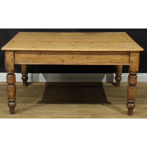 1340 - A late Victorian pine servants' quarters dining table, rectangular top above a single frieze drawer,... 