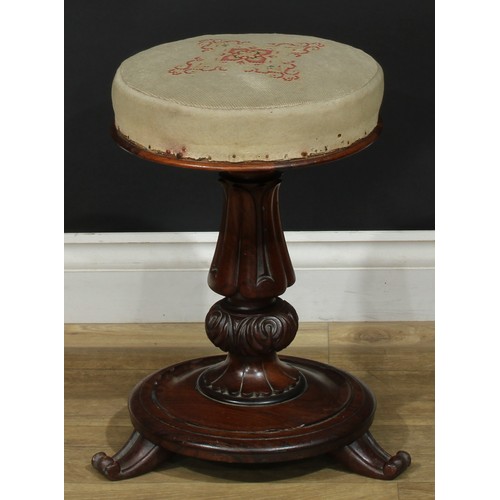 1412 - A pair of William IV rosewood height-adjustable piano stools, each with stuffed-over seat, lotus col... 